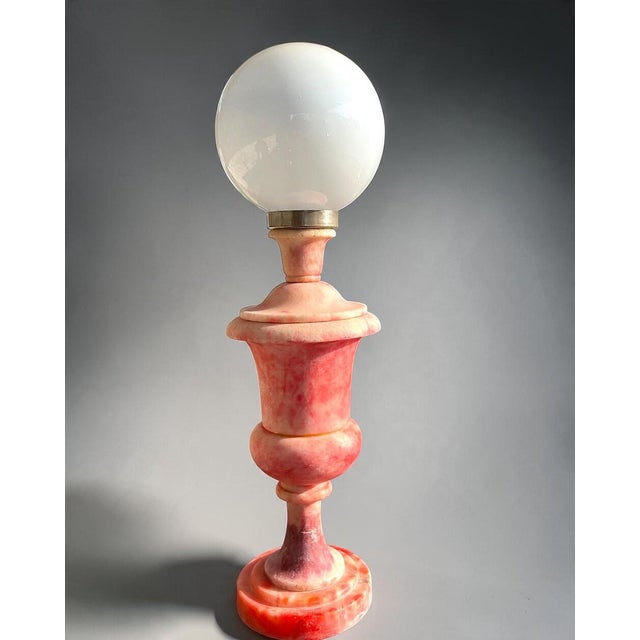 Italian Hand-Carved Pink Alabaster Urn Lamp with White Opaline Glass Shade, 1970s For Sale - Image 10 of 10