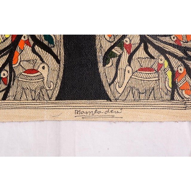 Folk Art National Award-Winning Artist Mamta Devi – Hand-Painted Madhubani Tree of Life & Birds Folk Art Painting For Sale - Image 3 of 4