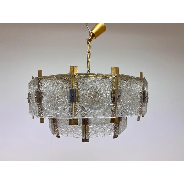 Gold Mid-Century Glass and Brass Chandelier by Jaroslav Bejvl for Kamenicky Senov, 1970s For Sale - Image 8 of 10