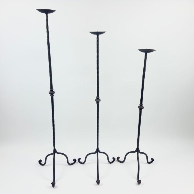 Hand Forged Iron Candelabra Set of 3 (93-113cm) Antique Copper Finish Hammered Stem with Decorative Knop For Sale - Image 10 of 10