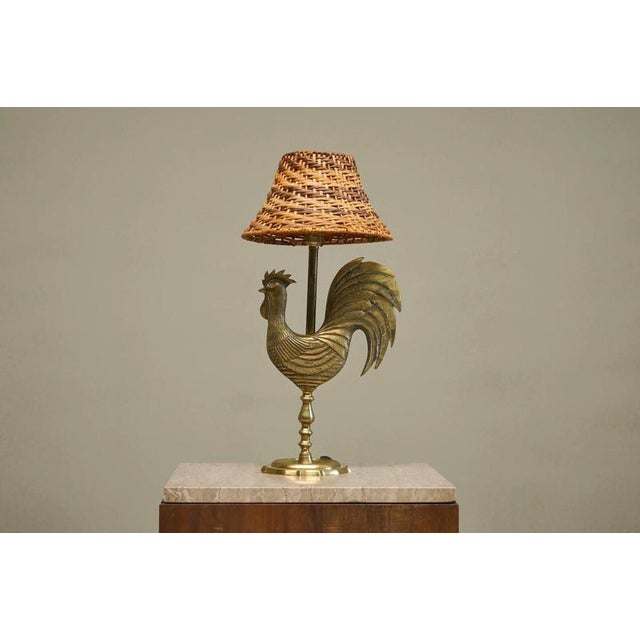 French Rooster Table Lamp in Brass and Rattan from Le Coq dOr, 1960s For Sale - Image 4 of 14