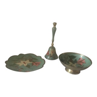 Vintage Cloisonne Enamel Over Brass Bowl Plate Bell Set - 3 Piece Set For Sale