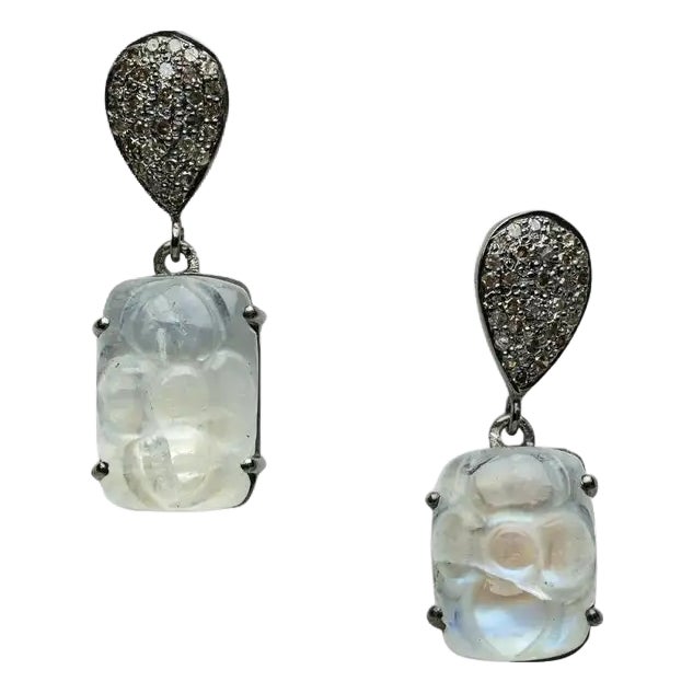 1990s Rainbow Moonstone and Diamond Drop Dangle Earrings, A Pair For Sale