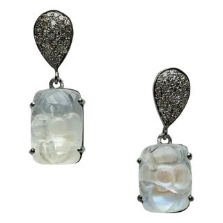 Rainbow Moonstone and Diamond Drop Dangle Earrings, a Pair For Sale