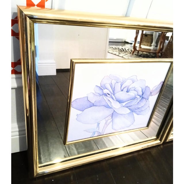 Vintage Mirrored Framed Floral Hollywood Regency Watercolor Prints Art Work- a Pair For Sale - Image 11 of 12