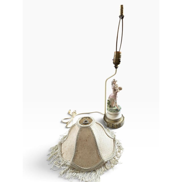Vintage Rococo-Style Porcelain Figural Table Lamp With Fringe Shade For Sale In Portland, ME - Image 6 of 6