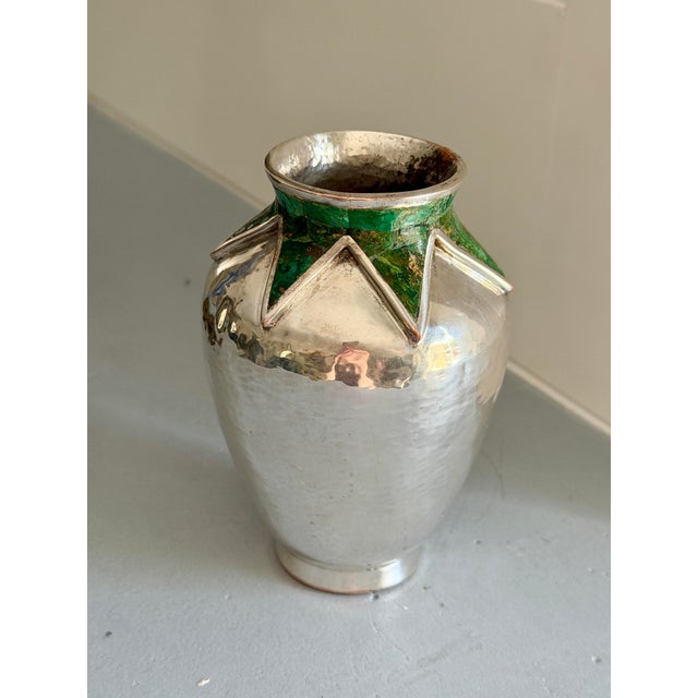 1980s Vintage Emilia Castillo Taxco Brutalist Silver Plate and Malchite Vase For Sale - Image 5 of 11