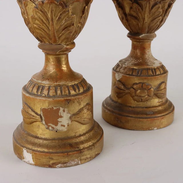Wood Pair of Carved & Gilded Italian Neoclassical Wooden Urn Lamp Bases For Sale - Image 7 of 8