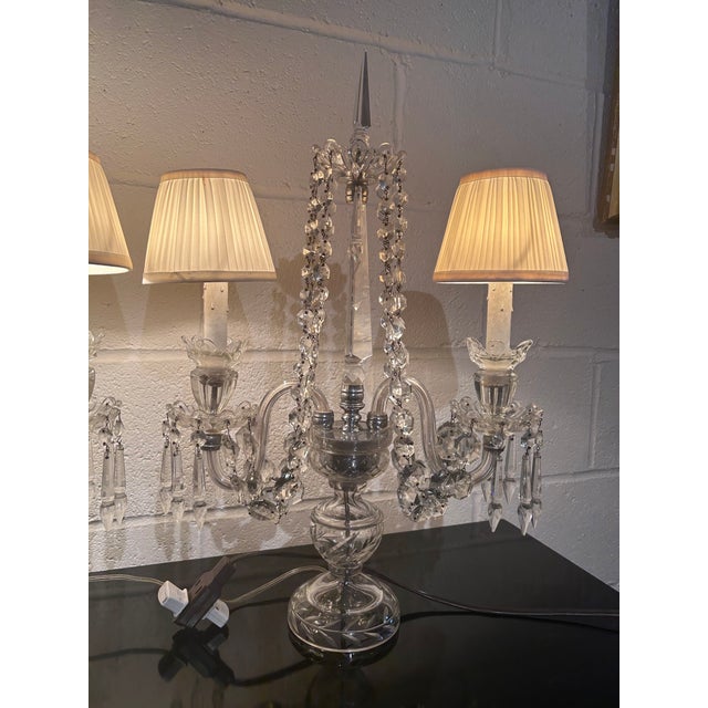 French Pair of Vintage Crystal Girandoles/Chandelier Lamps For Sale - Image 3 of 12