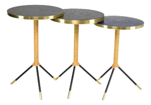 Set of Three Contemporary Mosaic Brass and Rattan Side Tables by JAS