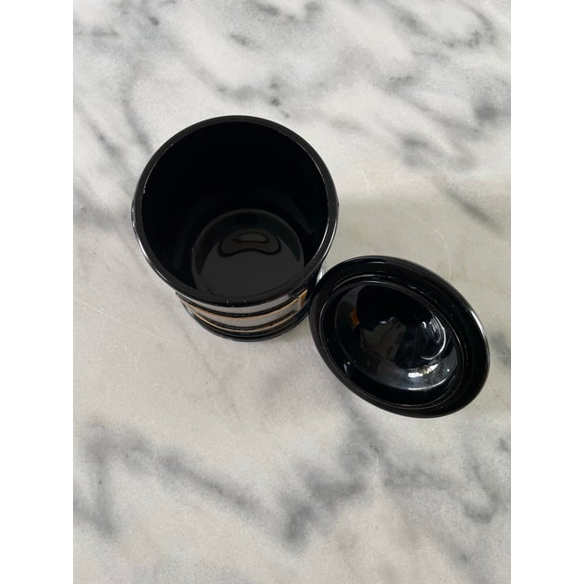 Mid 20th Century Vintage Black Glass Apothecary Jar Jean Vivaudou Co. Orloff Bergamot Men's Bath Talc For Sale - Image 5 of 9