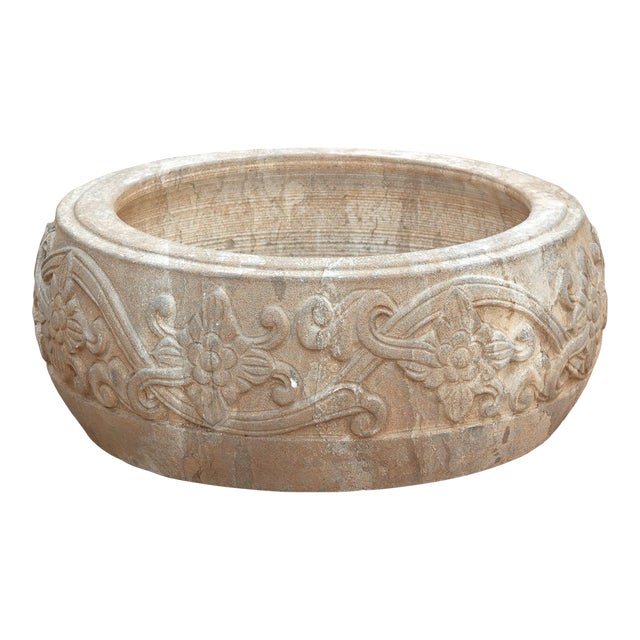 Deep Relief Floral Stone Round Bowl For Sale