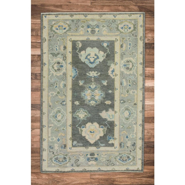 Early 21st Century Early 21st Century Gray Floral Design Handwoven Wool Turkish Oushak Rug 2'11" X 4'9" For Sale - Image 5 of 6