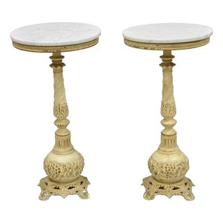 Vintage Hollywood Regency Small Metal Pedestal Marble Top Drinks Side Table Pair For Sale