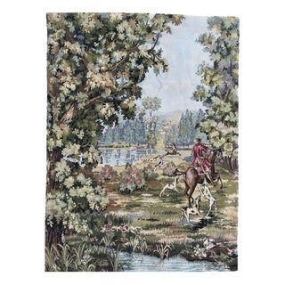 Vintage French Jacquard Tapestry with Hunters and Hounds in the style of Aubusson, 1970s For Sale