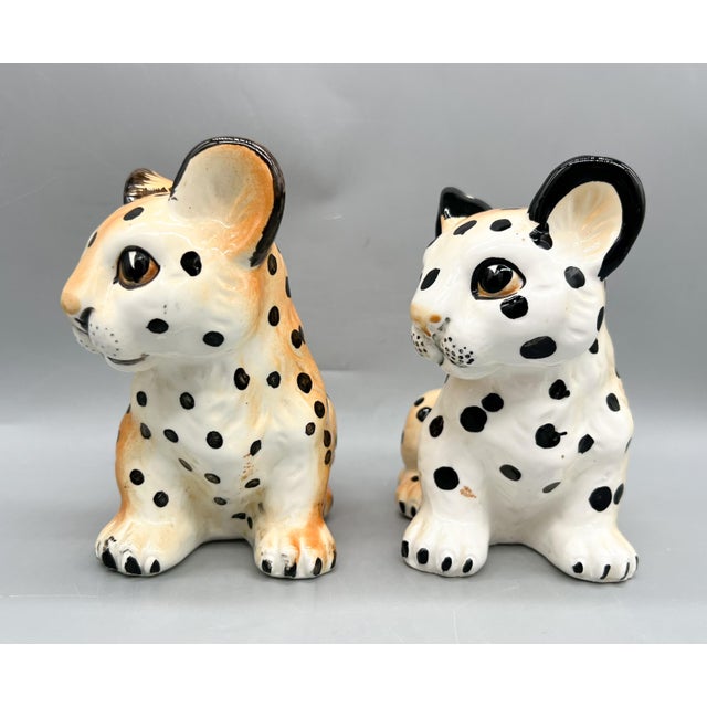 Mid-Century Modern Vintage Shafford Japan Ceramic Leopard Cub Figurines — Hand-Painted Pair — Hollywood Regency / Whimsical For Sale - Image 3 of 10