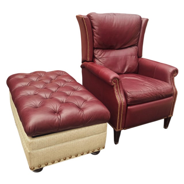 Experience Ultimate Relaxation With This Premium High-Leg Wingback Recliner and Matching Ottoman Combination by MotionCraft. For Sale - Image 11 of 12