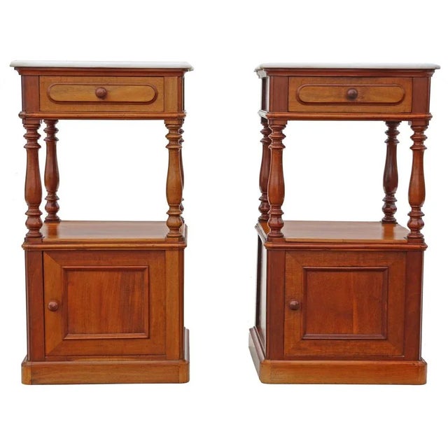 Antique fine quality pair of French walnut bedside tables cupboards marble tops C1920. Very heavy and solid, with no loose...