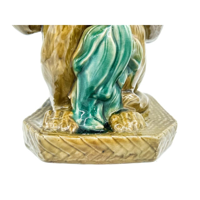 Bordallo Pinheiro Vintage Majolica Ceramic Monkey Plant Stand – Blue & Green Glazed Chinoiserie / Hollywood Regency For Sale - Image 4 of 12