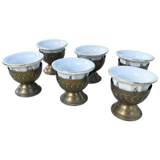 Vintage Israeli Porcelain Tea Cups in Brass Holders - Set of 6 For Sale