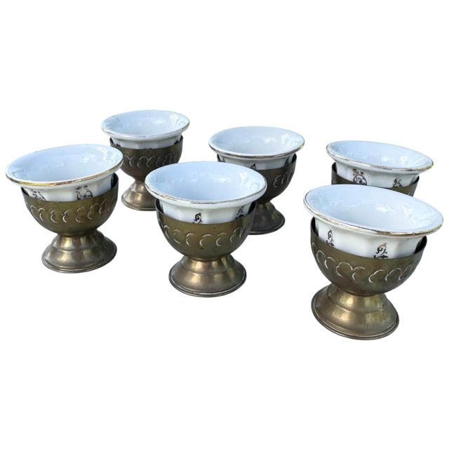 Vintage Israeli Porcelain Tea Cups in Brass Holders - Set of 6 For Sale