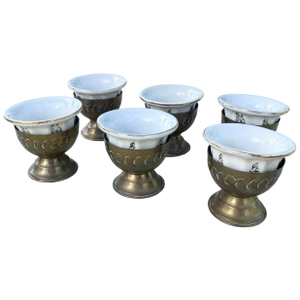 Vintage Israeli Porcelain Tea Cups in Brass Holders - Set of 6