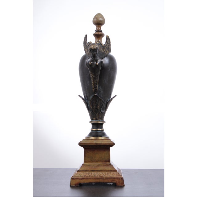 1980s Neoclassical Decorative Bronze Urn With Figural Side Mounts For Sale - Image 4 of 11