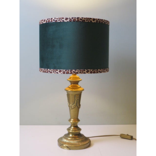 Vintage Brass Table Lamp with Custom Green Velvet Shade and Panther Trim from JAB Anstoetz, 1970 For Sale - Image 11 of 11