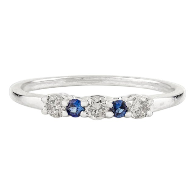 Minimalist Blue Sapphire and Diamond Gold Stacking Ring Size 6 For Sale