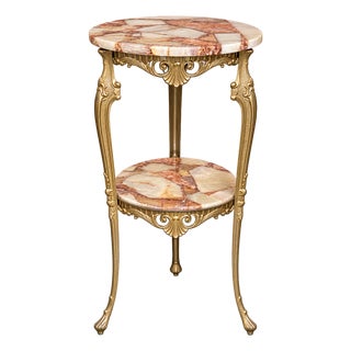Vintage Hollywood Regency Brass Two-Tier Onyx Stone Mosaic Pedestal Table For Sale