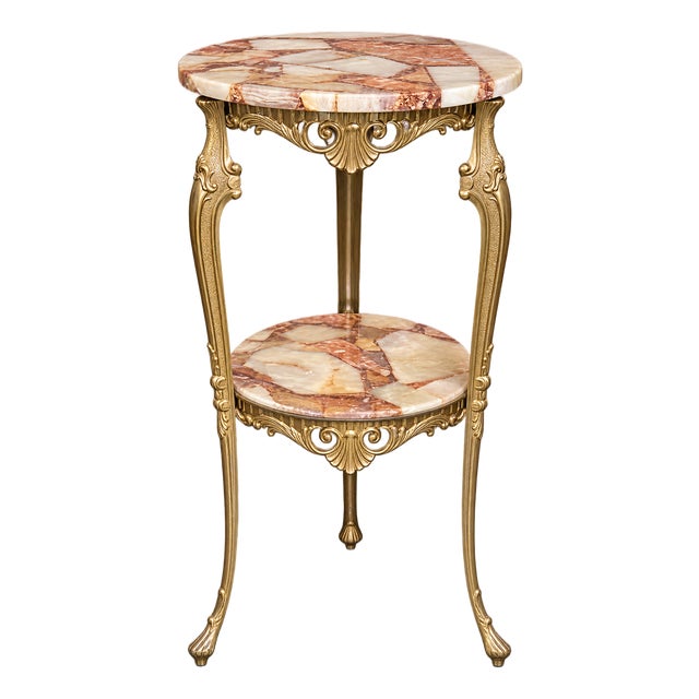 Vintage Hollywood Regency Brass Two-Tier Onyx Stone Mosaic Pedestal Table For Sale