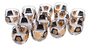 Vintage Large Cera Globe Gold and Black Cocktail Glasses, Set of 12