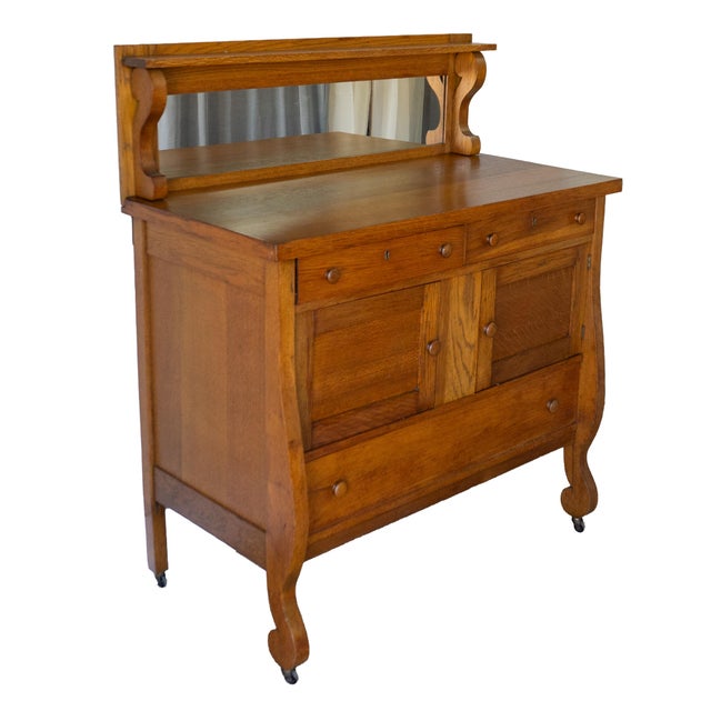 Antique American Empire Tiger Oak Sideboard With Mirror, Early 20th Century For Sale - Image 4 of 11