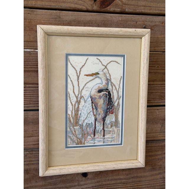 Vintage Coastal Egret Needlepoint Textile Art in Distressed Wood Frame For Sale - Image 11 of 11
