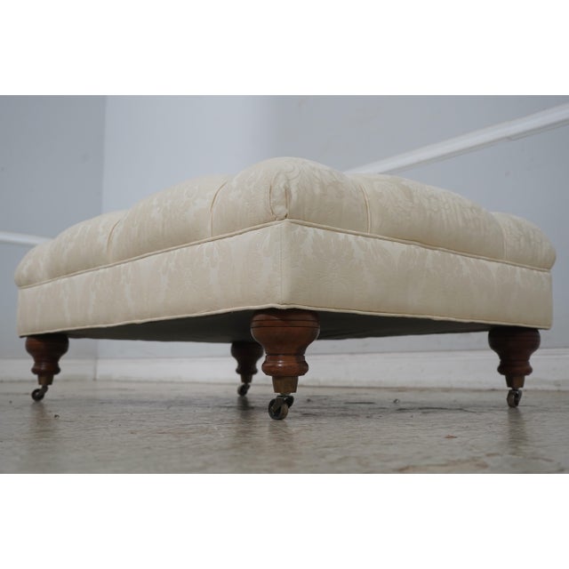 Traditional Ethan Allen Off White Tufted Damask Ottoman For Sale - Image 3 of 12