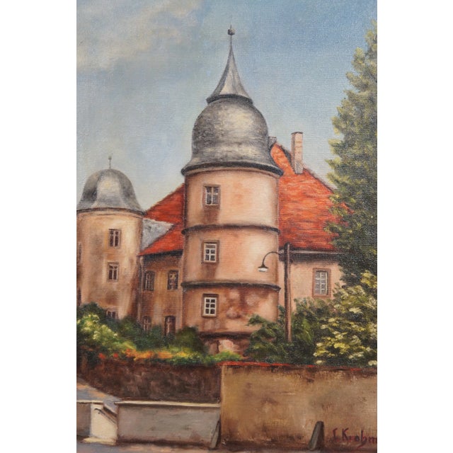 Mid 20th Century Vintage I. Krohm Schloss Euerburg German Castle Oil Painting on Canvas 21" For Sale - Image 5 of 11