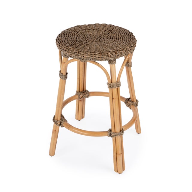 Tobias 24 in. Seat Height Round Rattan Backless Counter Stool, Khaki Brown For Sale In Chicago - Image 6 of 6
