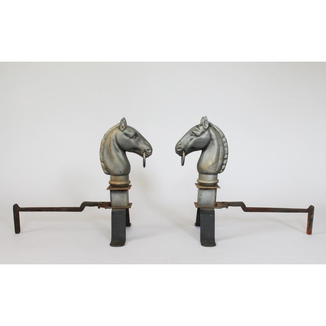 American Pair of Vintage Cast Iron Horse Head Andirons For Sale - Image 3 of 13