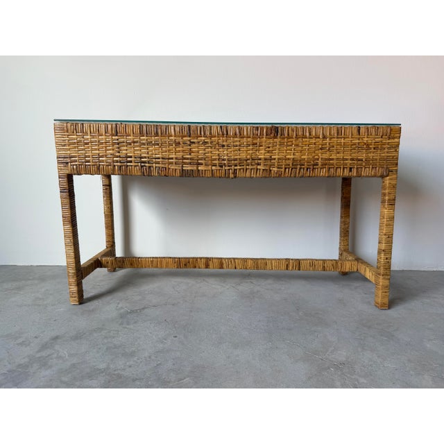 Coastal Vintage Palm Beach Regency Coastal Rattan Console Table With Glass Top/ Sold For Sale - Image 3 of 12