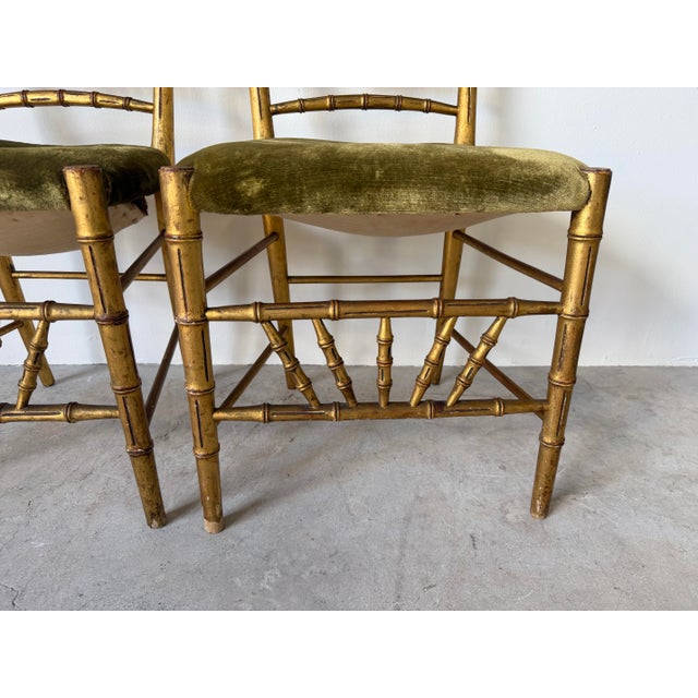 Antique Italian Faux Bamboo Gilt Wood Accent Chairs With Green Velvet Upholstery – A Pair Description: For Sale - Image 10 of 12