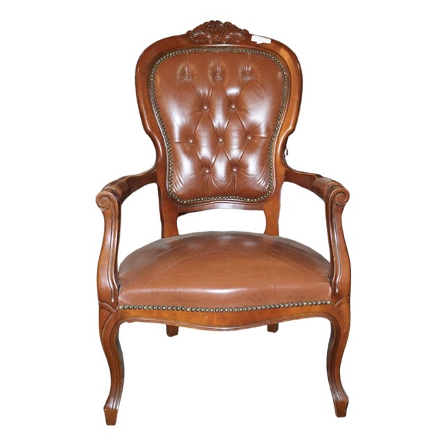 Mid 20th Century Louis XV Style Tufted Leather Armchair For Sale