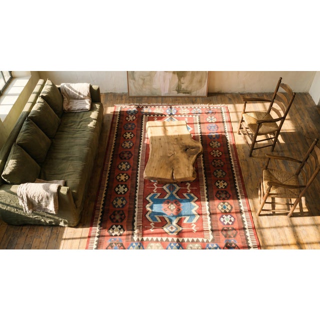 Late 19th Century 1890s Red Geometric Tribal Antique Kilim Oushak Rug 4'10" X 9'7" Flatweave Wool Carpet For Sale - Image 5 of 7
