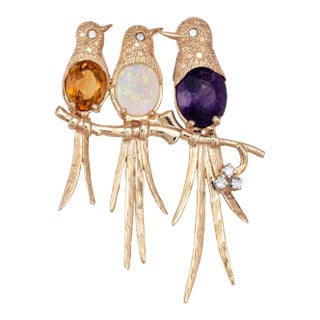 Mid 20th Century Three Birds on a Branch Pendant Vintage 14k Yellow Gold Amethyst Opal For Sale