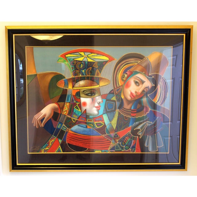Ruby Red Oleg Zhivetin "Harlequin Lovers" Hand-Signed Limited Edition Giclée 15/95 – Large Framed Contemporary Art, 51" X 41" For Sale - Image 8 of 10