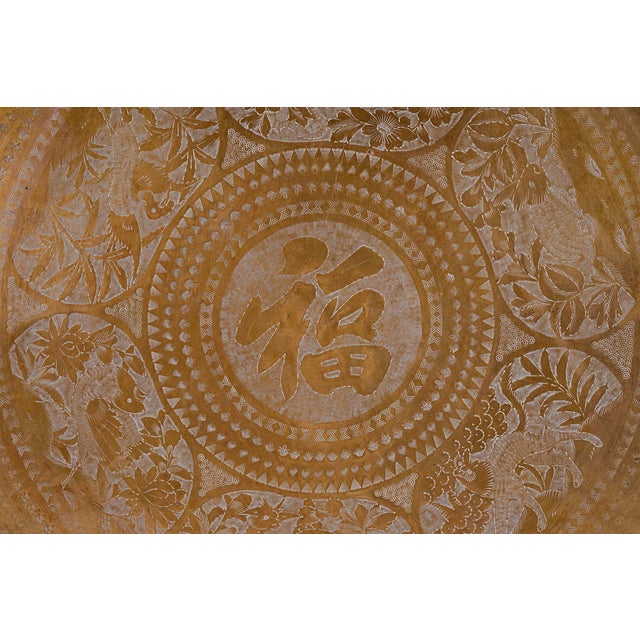 30" Vintage Chinese Hand-Etched Brass Tray Wall Hanging featuring the Chinese symbol for good fortune and prosperity- Fu...