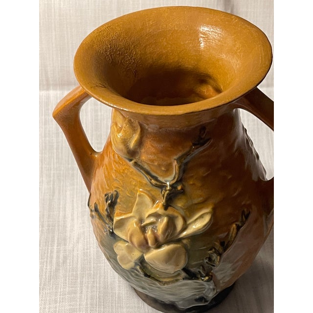 Vintage Roseville Double Handle Vase 3d Magnolia Brown White Green Pink #90-7" For Sale - Image 9 of 10