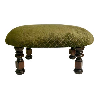 Vintage Moss Green Upholstered Footstool With Turned Legs For Sale