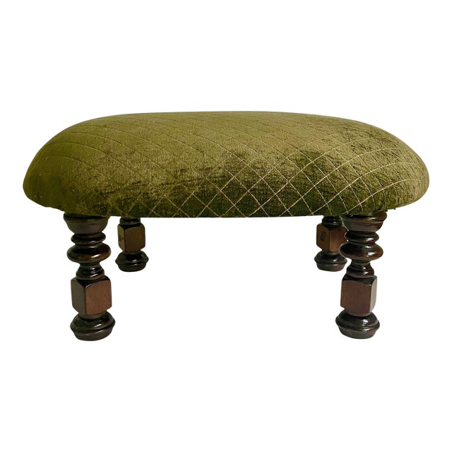 Vintage Moss Green Upholstered Footstool With Turned Legs For Sale