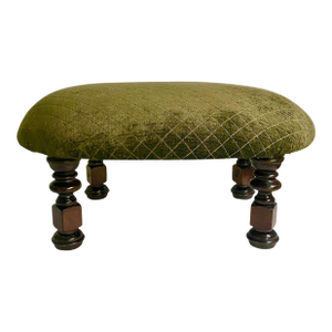 Vintage Moss Green Upholstered Footstool With Turned Legs