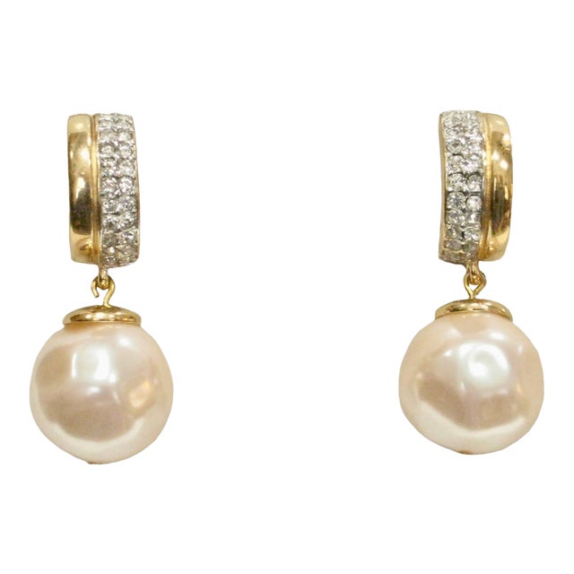 Givenchy 1980s Baroque Glass Pearl Gold Plated Earrings W/ Clear Crystal Accents , 2 Pieces For Sale